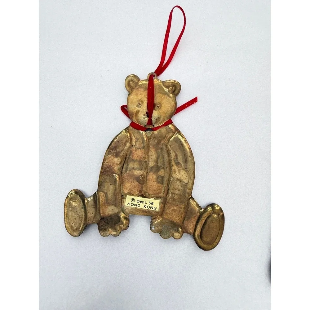 Dept 56 Teddy Bear Shaped Ornaments Brass Vintage Set 3 Holiday Hong Kong Retro